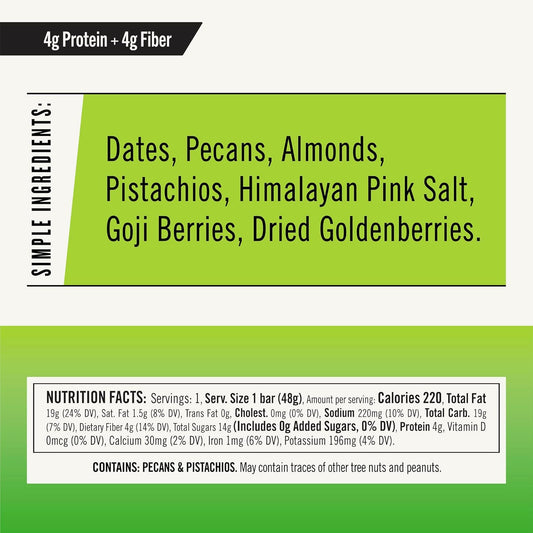 Gluten-Free Energy Snack Bars with Protein, Vegan Paleo Non-GMO, No Added Sugar - Pecan Goji Pistachio Flavor - 12 Count (1.7 oz. Bars)