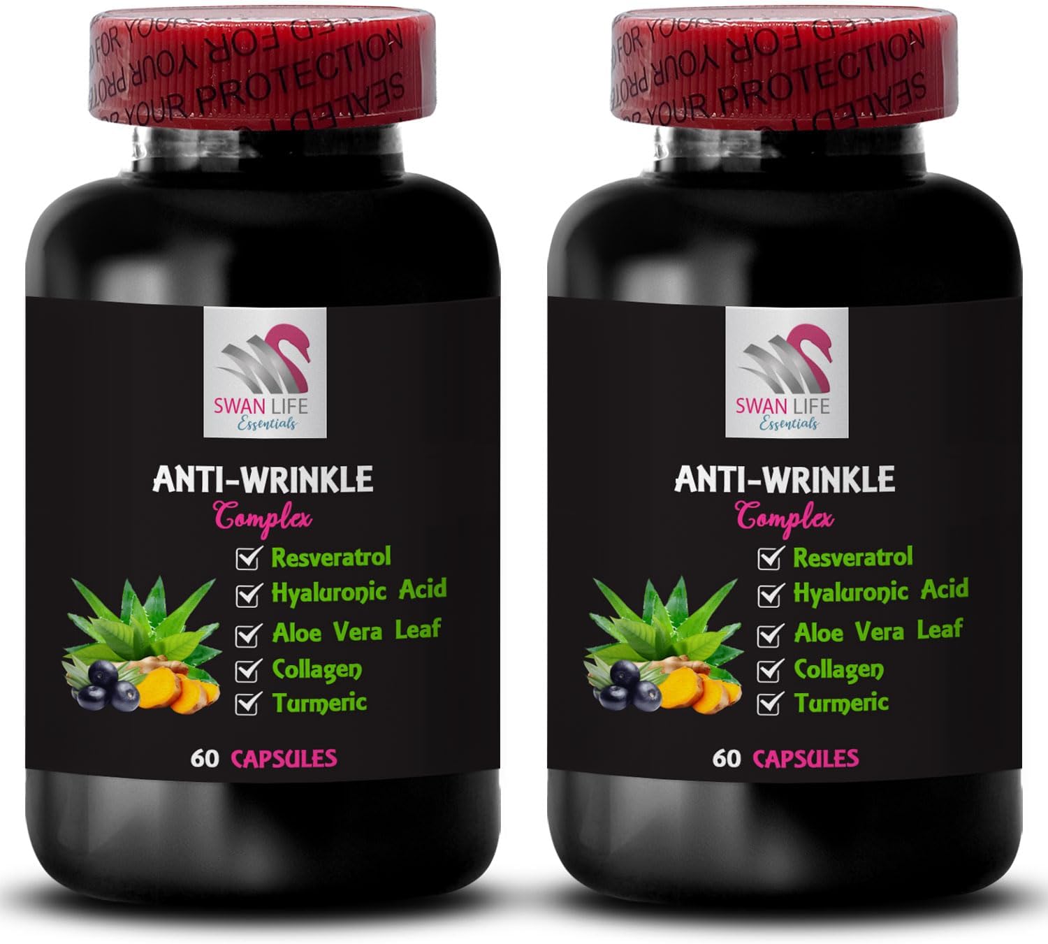 Glycine Anti-Wrinkle Complex with Collagen, L-Glutathione, Green Coffee, Hyaluronic Acid, Aloe Vera, Firming Support, Lycopene, Turmeric, Grape Seed - 2 Bottles 120 Capsules