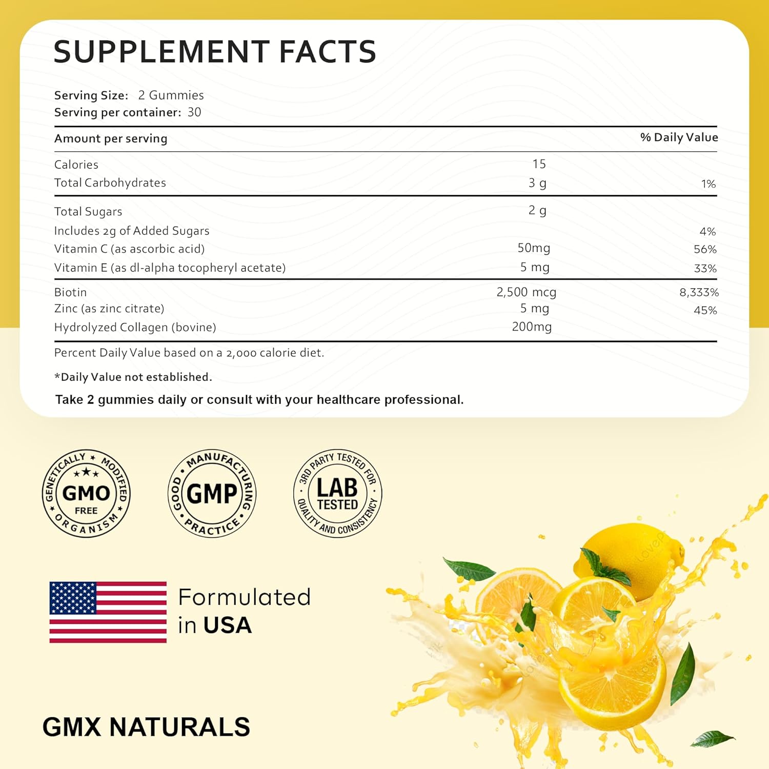 GMX NATURALS Hair and Nails Multivitamin Gummies - 90 Count Lemon Flavor - 2500mcg Biotin - Daily Beauty Supplement for Men, Women, Kids