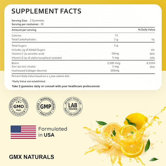 GMX NATURALS Hair and Nails Multivitamin Gummies - 90 Count Lemon Flavor - 2500mcg Biotin - Daily Beauty Supplement for Men, Women, Kids
