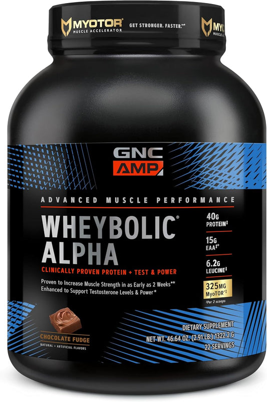 GNC AMP Wheybolic Alpha Chocolate Fudge Protein Powder - 40g Protein, BCAA & MyoTOR for Muscle Building & Workout Support - 22 Servings