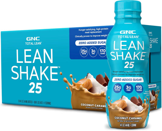 GNC Lean Shake 25 Coconut Caramel - 12 Bottles | High Protein Ready to Drink Meal Replacement with Vitamins & Minerals