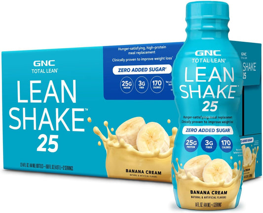 GNC Lean Shake 25 Ready to Drink Protein Shake - Banana Cream Flavor - 12 Bottles with 25g High Protein and Vitamins
