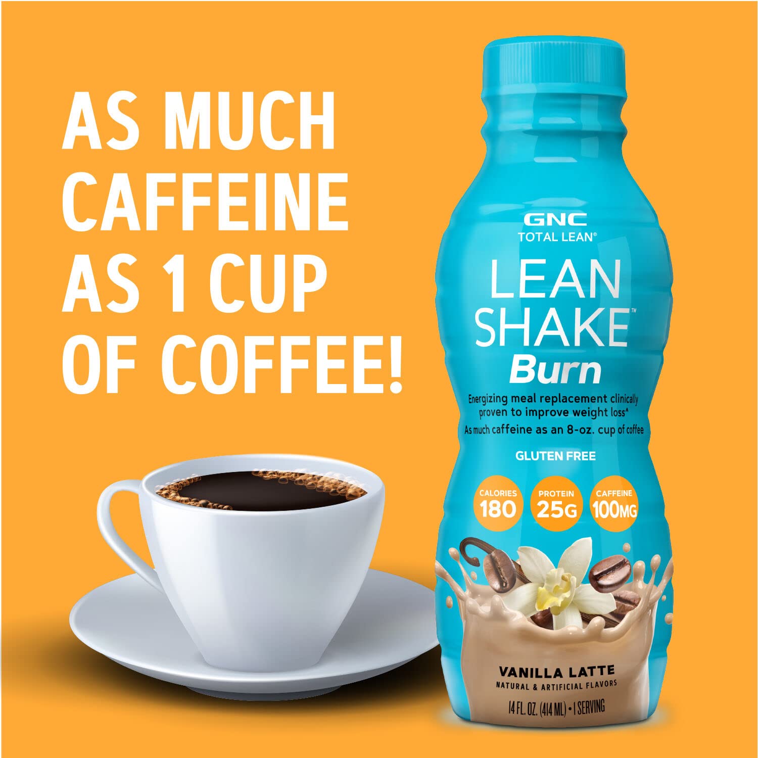 GNC Total Lean Shake Burn Vanilla Latte Ready-to-Drink Shake - 25g Protein Meal Replacement for Energy and  Slimming Formula  - Pack of 12 Bottles