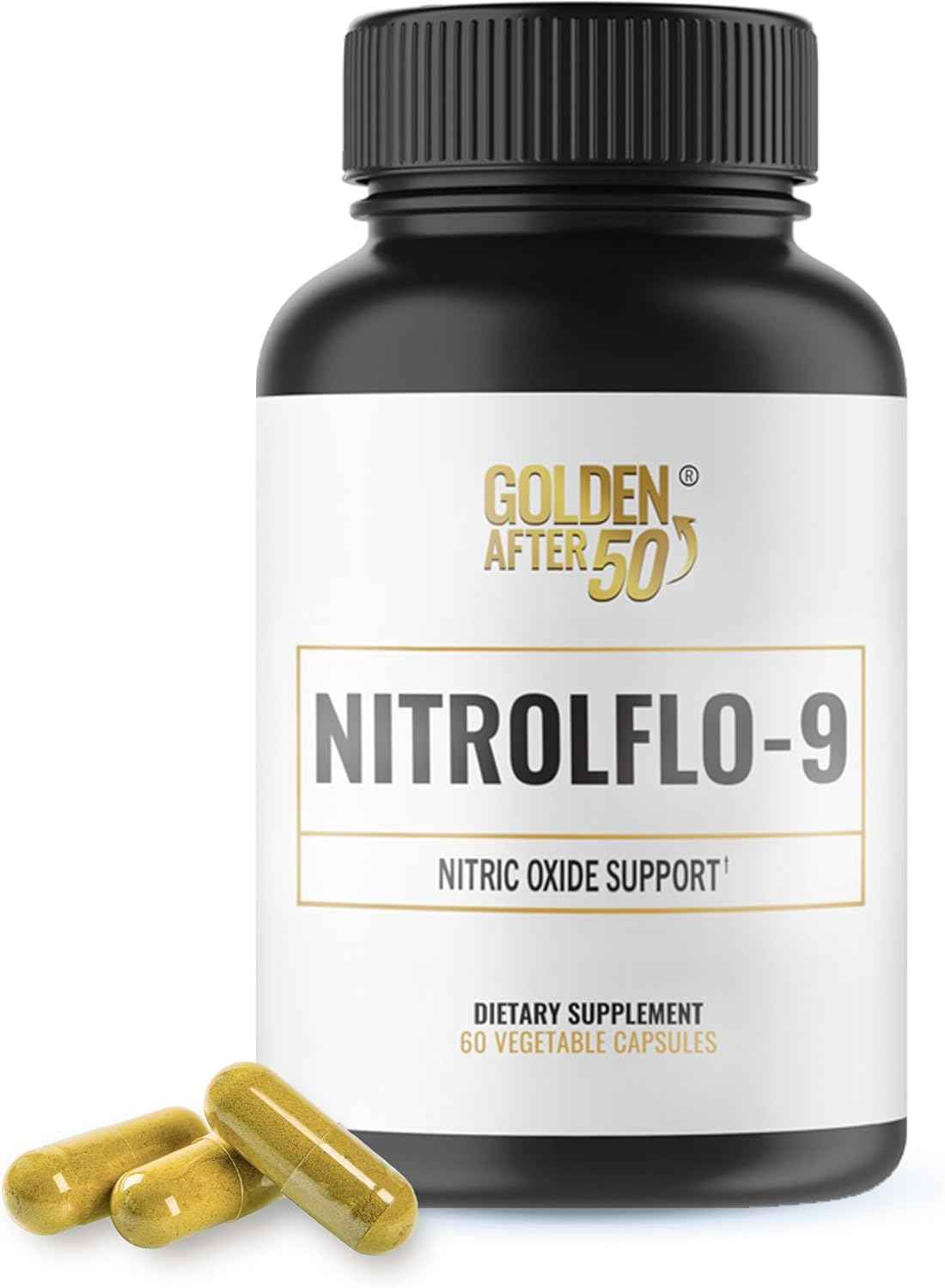 Golden After 50 NitrolFlo-9 - Nature-Powered Nitric Oxide Supplement with Pomegranate Extract, Grape Seed, and S7® - Supports Nutrient Circulation and Optimal Energy - 60 Capsules