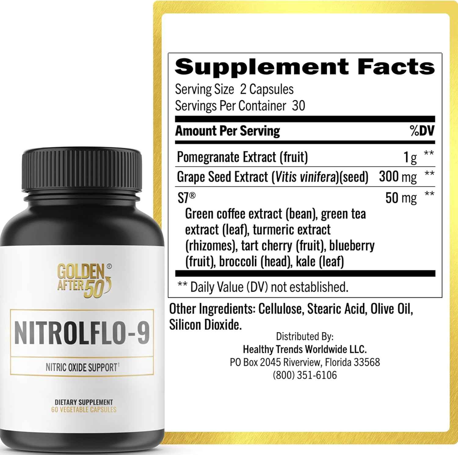 Golden After 50 NitrolFlo-9 - Nature-Powered Nitric Oxide Supplement with Pomegranate Extract, Grape Seed, and S7® - Supports Nutrient Circulation and Optimal Energy - 60 Capsules