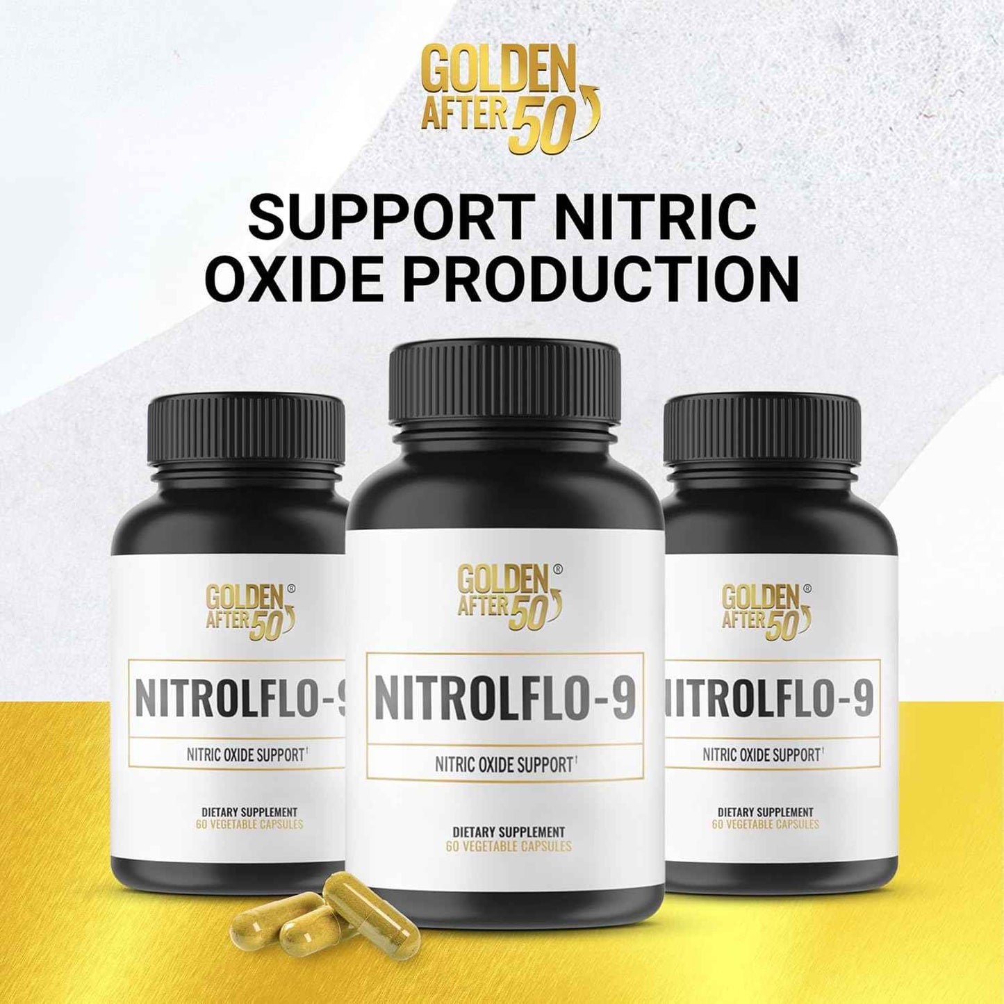 Golden After 50 NitrolFlo-9 - Nature-Powered Nitric Oxide Supplement with Pomegranate Extract, Grape Seed, and S7® - Supports Nutrient Circulation and Optimal Energy - 60 Capsules