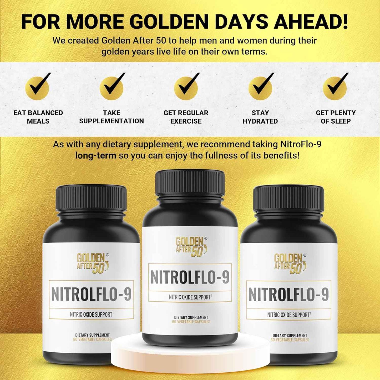 Golden After 50 NitrolFlo-9 - Nature-Powered Nitric Oxide Supplement with Pomegranate Extract, Grape Seed, and S7® - Supports Nutrient Circulation and Optimal Energy - 60 Capsules