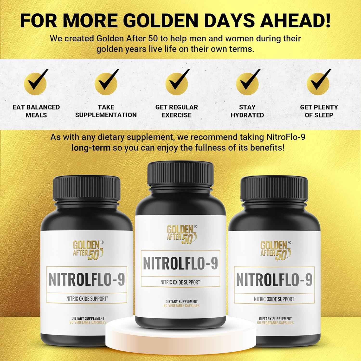 Golden After 50 NitrolFlo-9 - Nature-Powered Nitric Oxide Supplement with Pomegranate Extract, Grape Seed, and S7® - Supports Nutrient Circulation and Optimal Energy - 60 Capsules