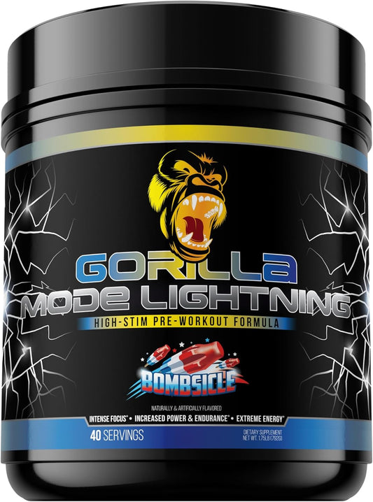 Gorilla Mind Gorilla Mode Lightning Pre-Workout - Explosive Energy & Focus - 550mg Caffeine, 13500mg L-Tyrosine, Alpha-GPC– 792g (Bombsicle)