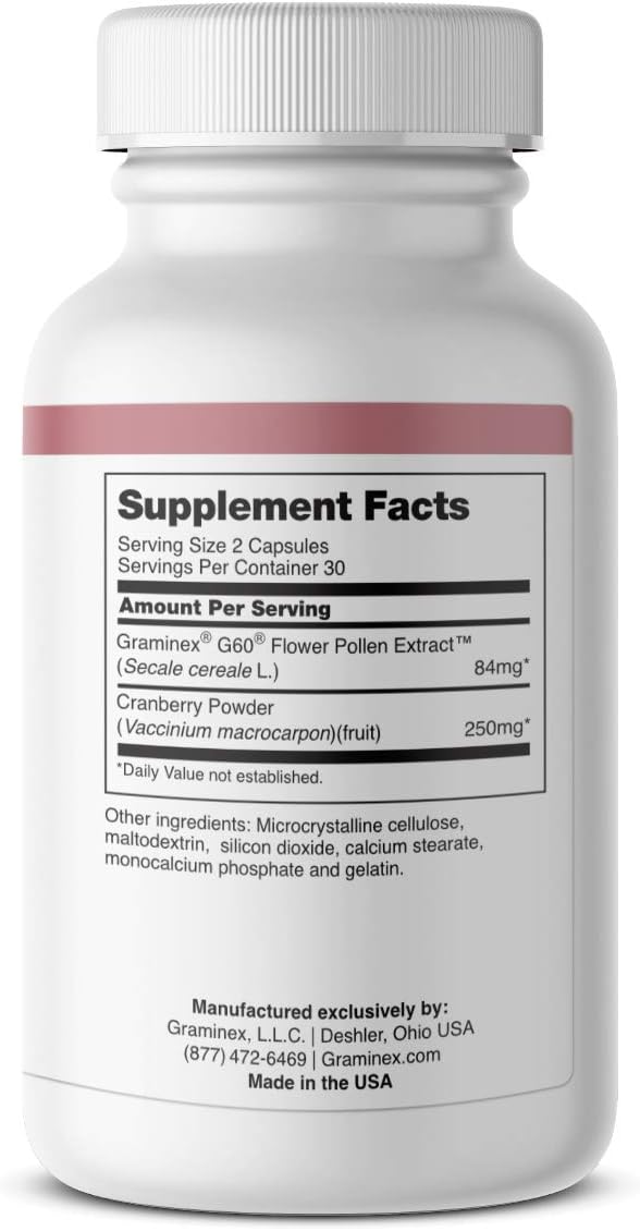 Graminex PollenBerry Supplement with Concentrated Flower Pollen Extract and Cranberry Powder - Supports Skin, Urinary Tract, Bladder Health - Natural Antioxidant - 60 Capsules