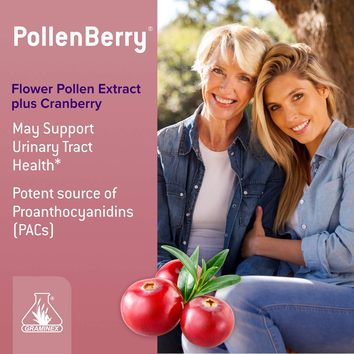 Graminex PollenBerry Supplement with Concentrated Flower Pollen Extract and Cranberry Powder - Supports Skin, Urinary Tract, Bladder Health - Natural Antioxidant - 60 Capsules