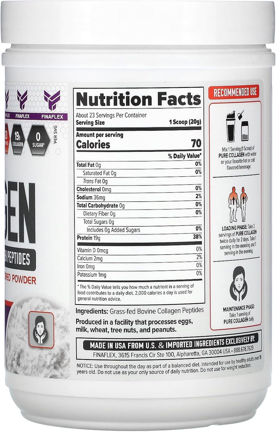 Grass-Fed Bovine Collagen Peptides Powder for Hair, Skin, Nails & Joints - 19g per Serving - 1 lb - Unflavored - 23 Servings