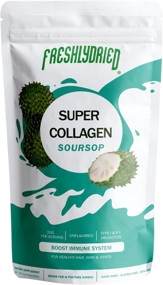 Grass-Fed Collagen Peptides & Soursop Powder for Healthy Skin, Hair, Nails, Joints, and Bones - Type I & III with Probiotics - 20 Servings, 12.6 oz