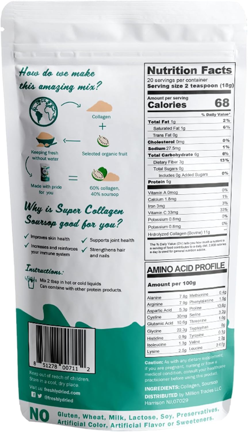 Grass-Fed Collagen Peptides & Soursop Powder for Healthy Skin, Hair, Nails, Joints, and Bones - Type I & III with Probiotics - 20 Servings, 12.6 oz