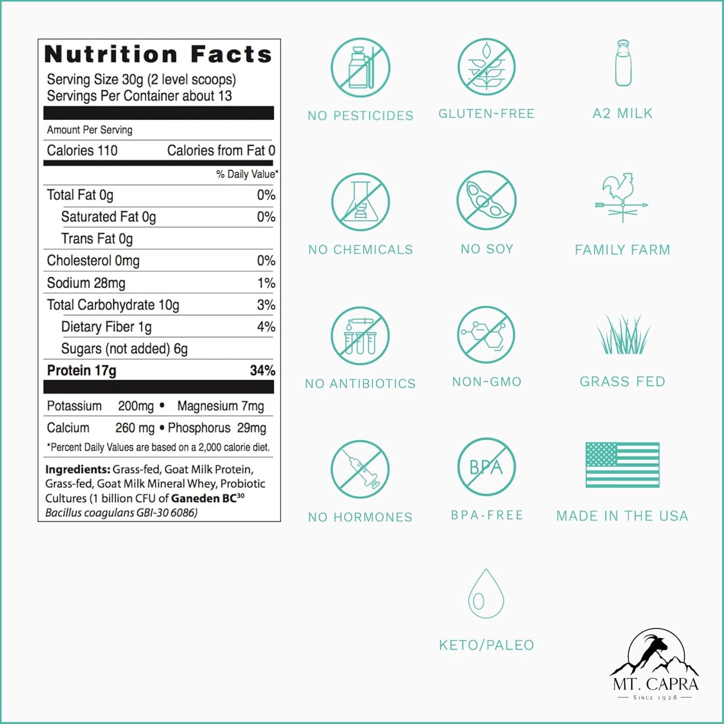 Grass-Fed Goat Milk Protein Powder with Minerals, Probiotics, and 17g Protein per Serving - 14.1 oz