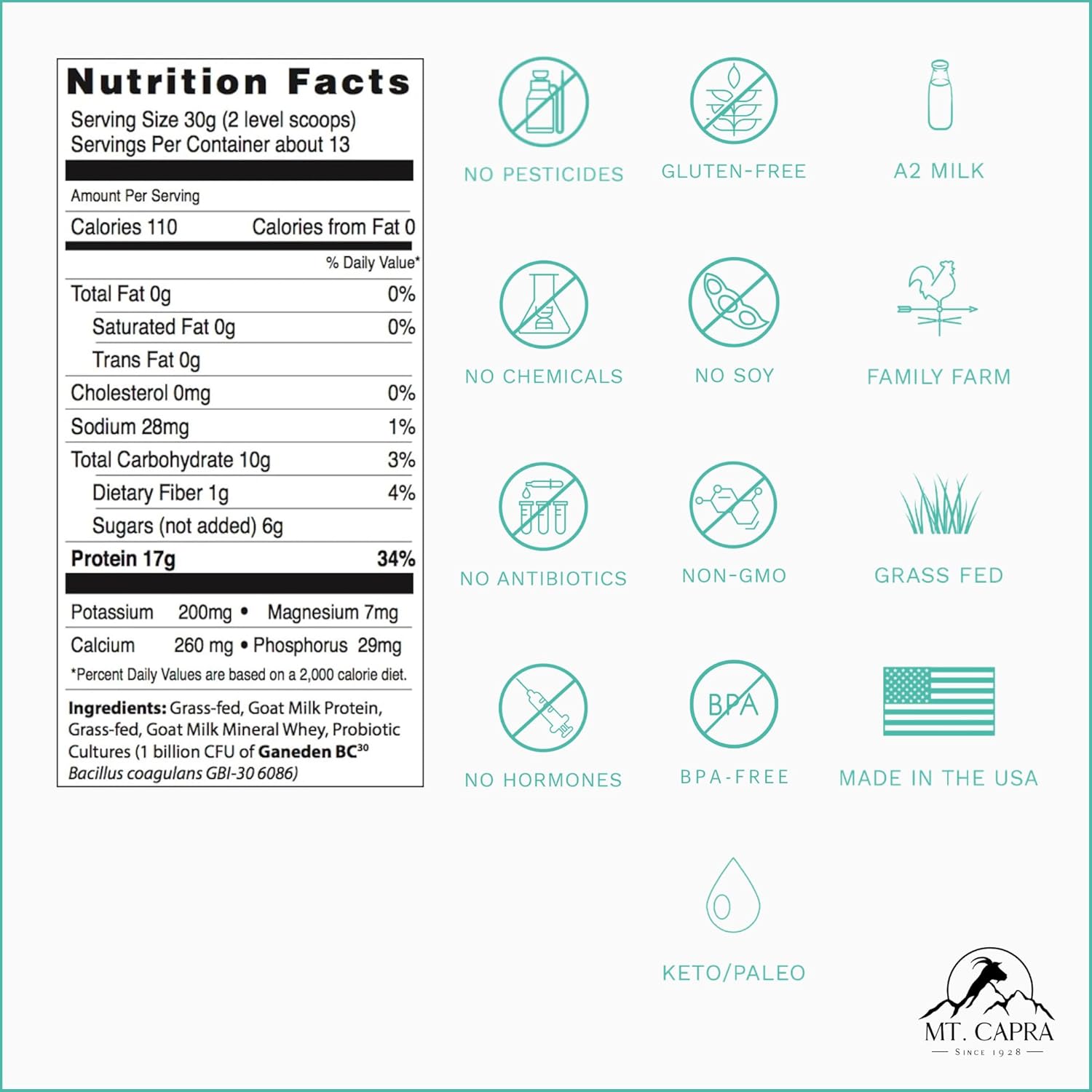 Grass-Fed Goat Milk Protein Powder with Minerals, Probiotics, and 17g Protein per Serving - 14.1 oz