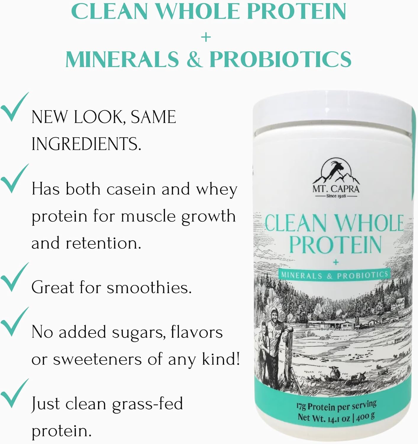 Grass-Fed Goat Milk Protein Powder with Minerals, Probiotics, and 17g Protein per Serving - 14.1 oz