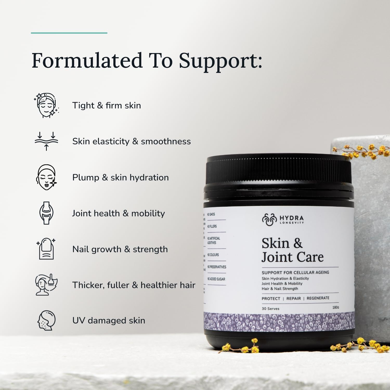 Grass-Fed Hydrolysed Multi-Collagen Peptides Powder with Hyaluronic Acid and Biotin - Vanilla Flavored - 180g (30 Servings)
