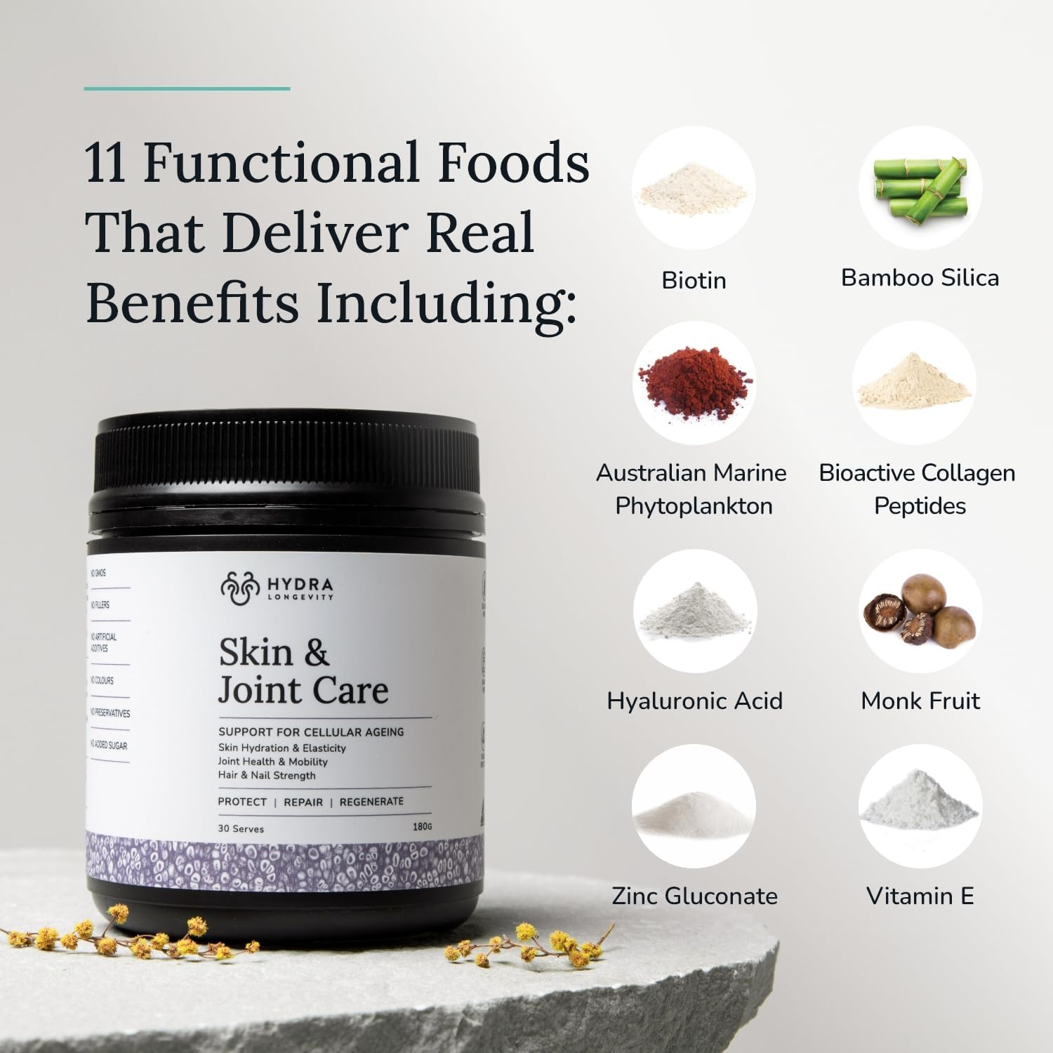 Grass-Fed Hydrolysed Multi-Collagen Peptides Powder with Hyaluronic Acid and Biotin - Vanilla Flavored - 180g (30 Servings)