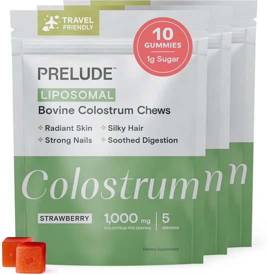 Grassfed Bovine Colostrum Gummies for Gut Health, Immunity & Wellness - Strawberry Milkshake Chews for Men & Women - 10 Count, 3pk