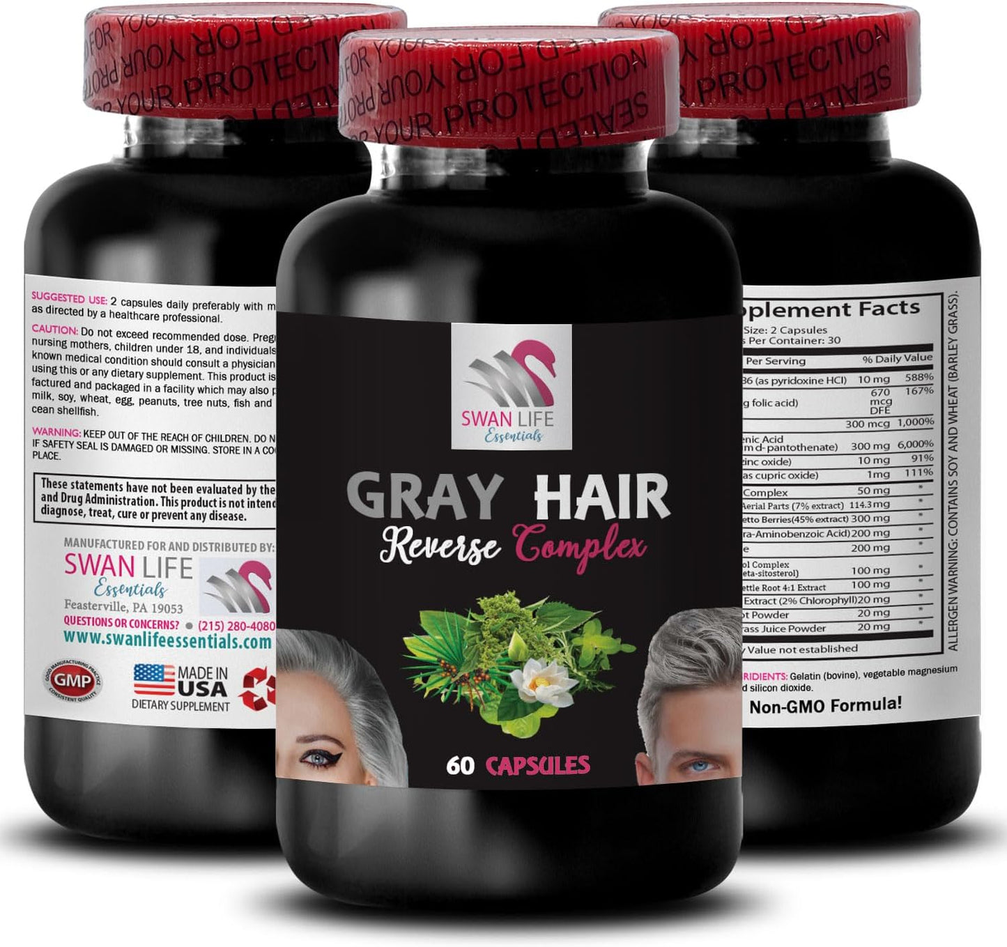 Gray Hair Reversal: Stinging Nettle Root Capsules for Hair Rejuvenation and Color Enhancement - 2 Bottles, 120 Capsules