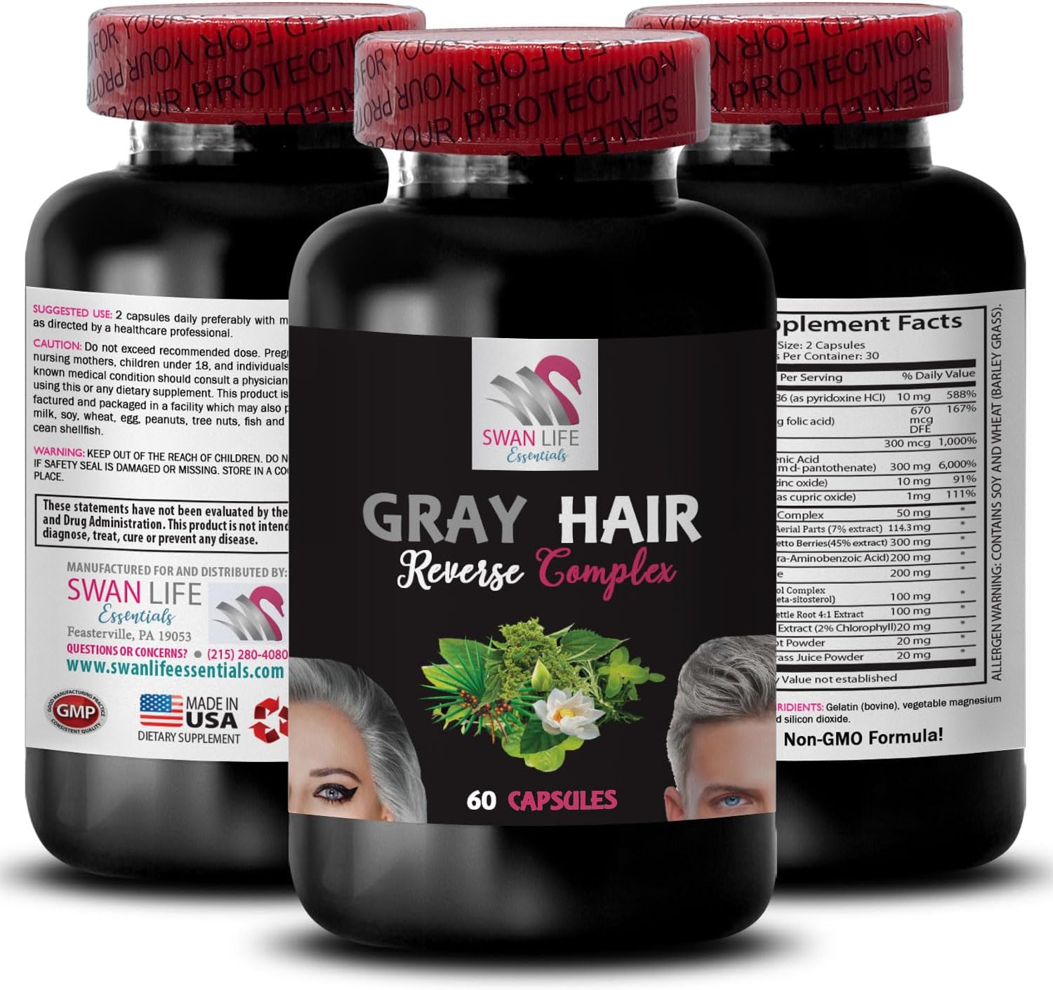 Gray Hair Reversal: Stinging Nettle Root Capsules for Hair Rejuvenation and Color Enhancement - 2 Bottles, 120 Capsules
