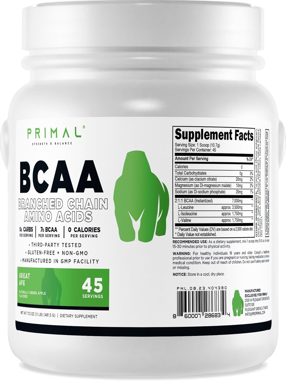 Green Apple Flavored Primal BCAA Powder for Muscle Recovery - 45 Servings, 7g BCAA Per Serving, 0 Calories
