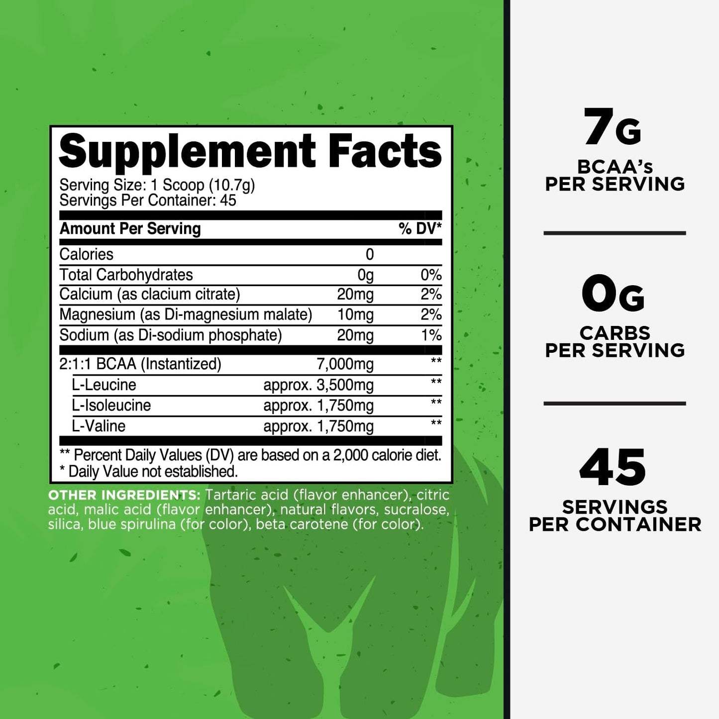 Green Apple Flavored Primal BCAA Powder for Muscle Recovery - 45 Servings, 7g BCAA Per Serving, 0 Calories