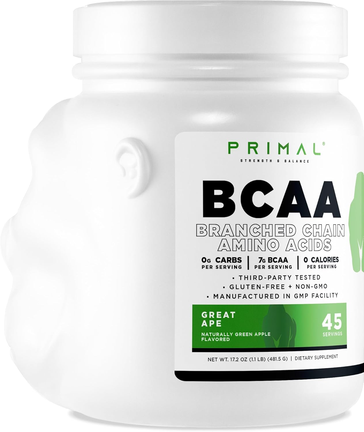 Green Apple Flavored Primal BCAA Powder for Muscle Recovery - 45 Servings, 7g BCAA Per Serving, 0 Calories