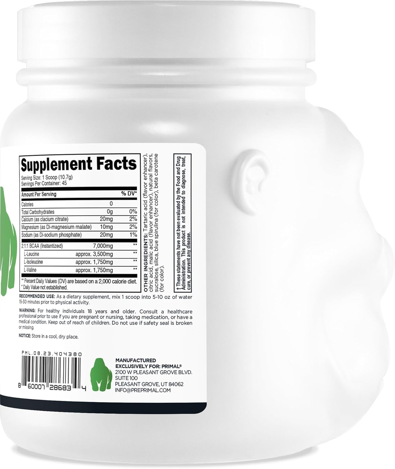 Green Apple Flavored Primal BCAA Powder for Muscle Recovery - 45 Servings, 7g BCAA Per Serving, 0 Calories
