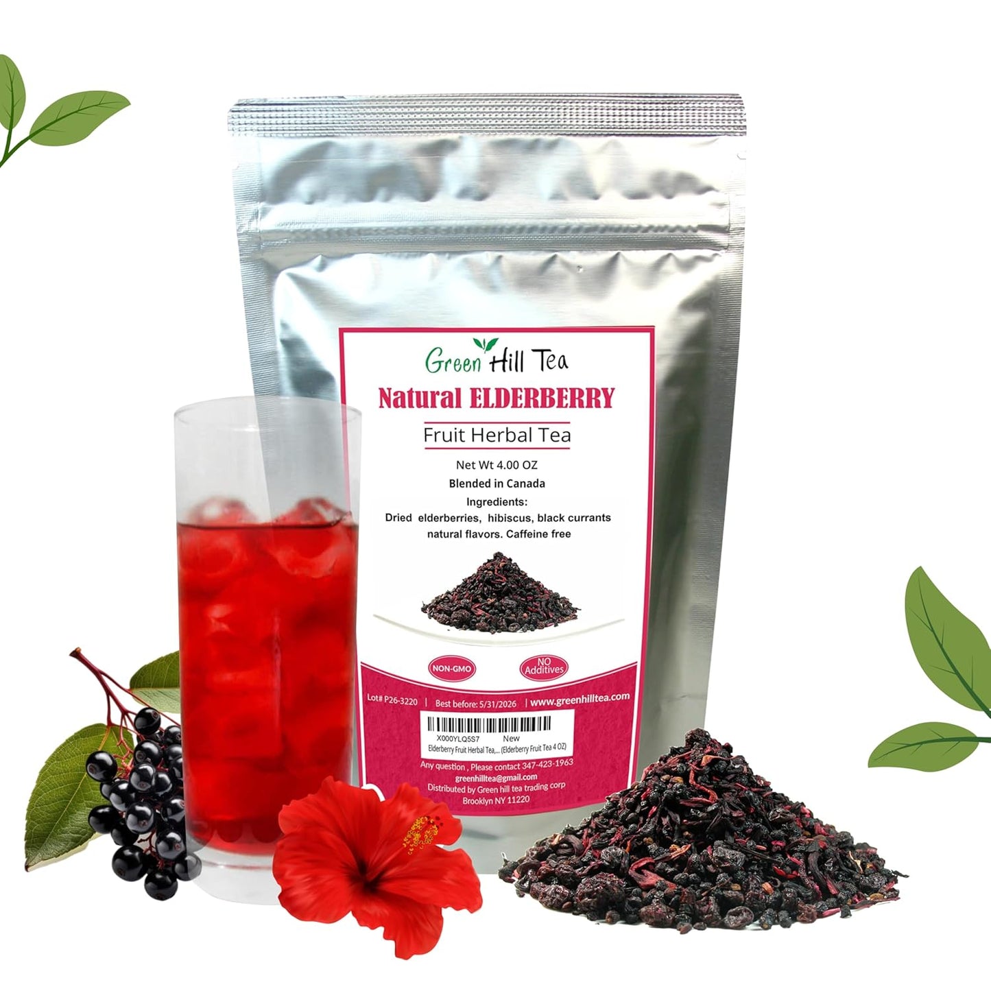 Green Hill Tea Elderberry Herbal Tea: Immune System Boosting Fruit Blend, Caffeine-Free Relaxing Drink - 4 OZ Bag
