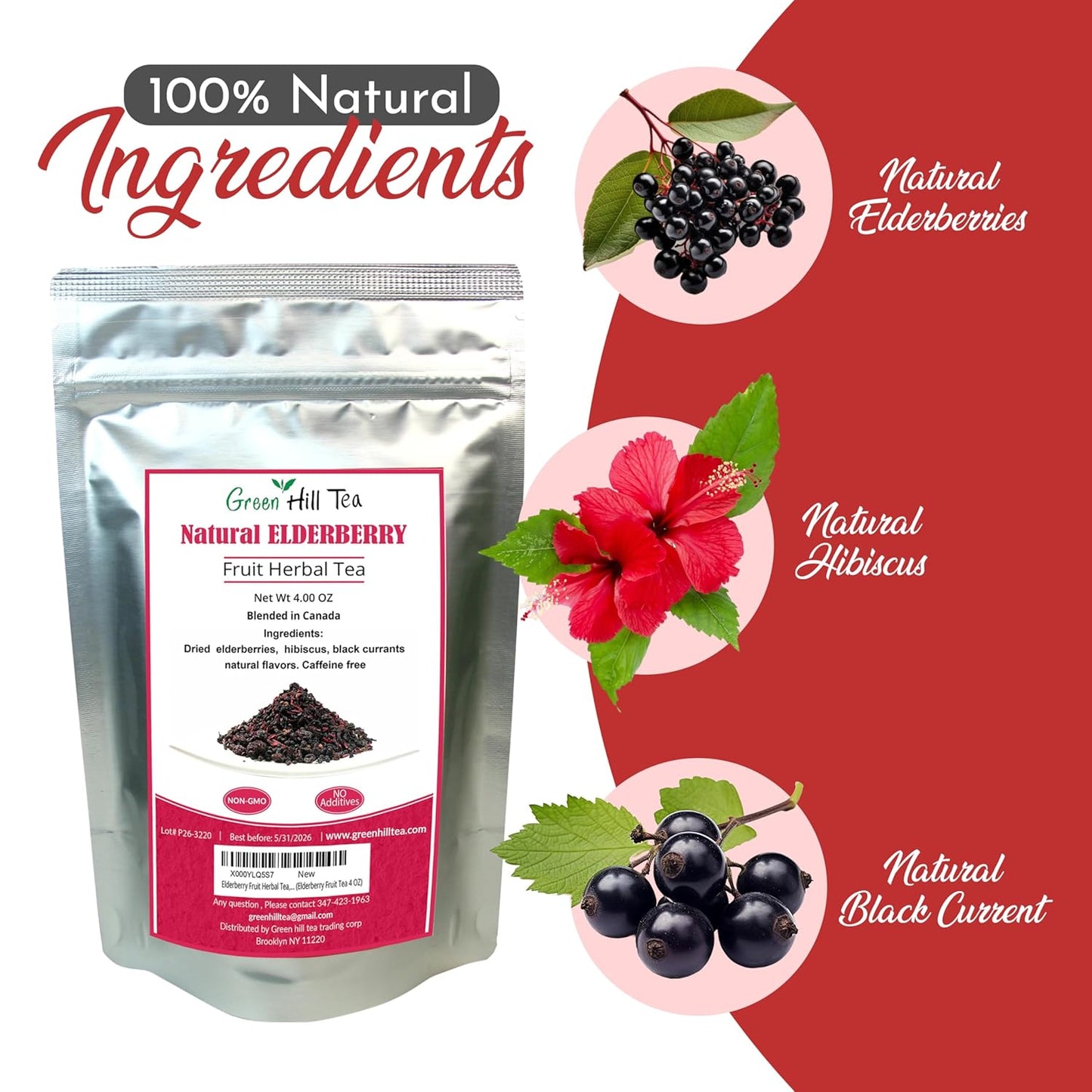 Green Hill Tea Elderberry Herbal Tea: Immune System Boosting Fruit Blend, Caffeine-Free Relaxing Drink - 4 OZ Bag