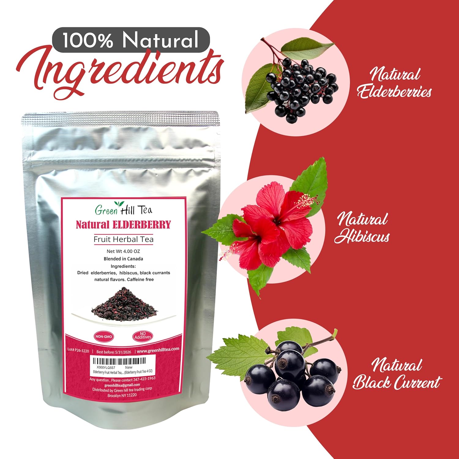 Green Hill Tea Elderberry Herbal Tea: Immune System Boosting Fruit Blend, Caffeine-Free Relaxing Drink - 4 OZ Bag