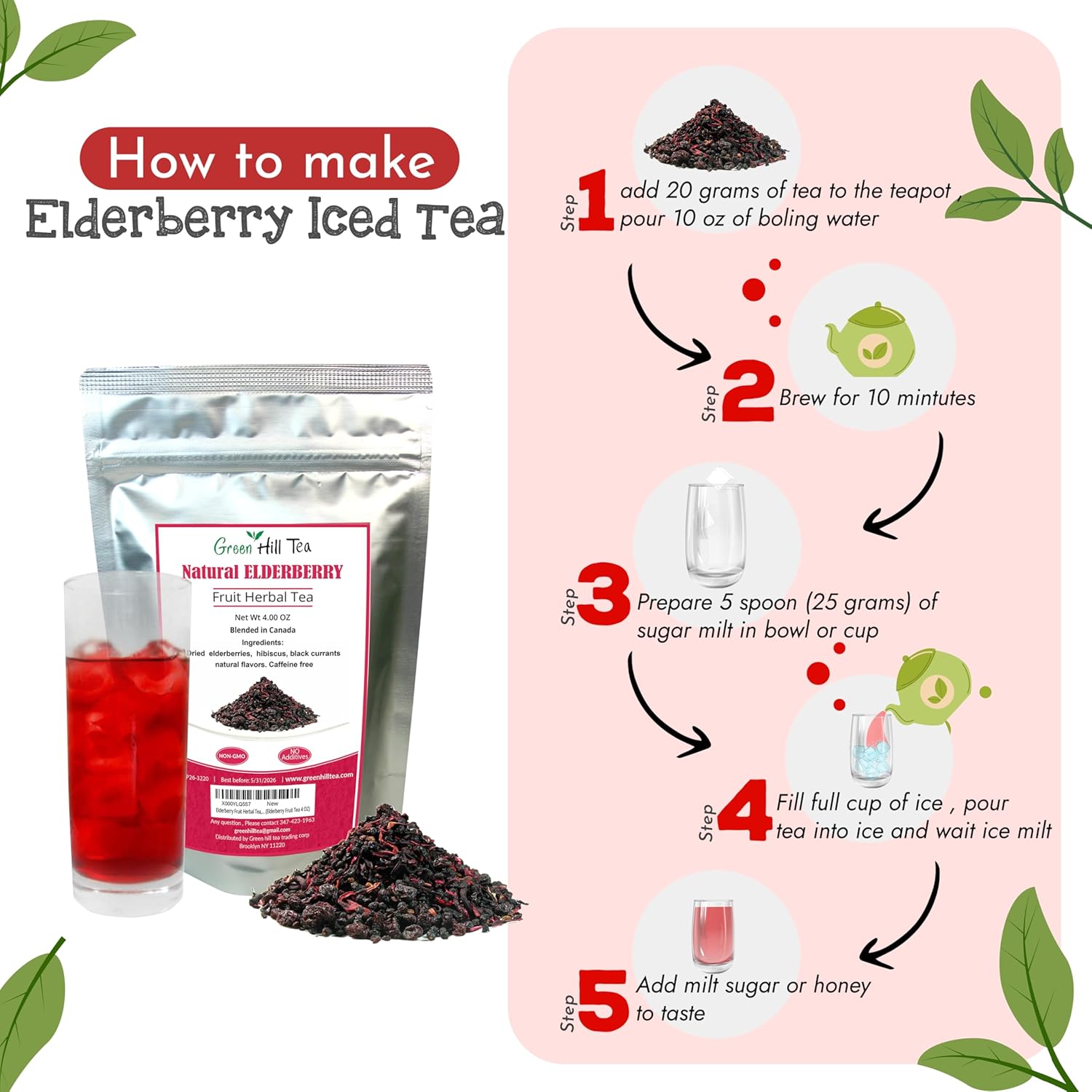 Green Hill Tea Elderberry Herbal Tea: Immune System Boosting Fruit Blend, Caffeine-Free Relaxing Drink - 4 OZ Bag