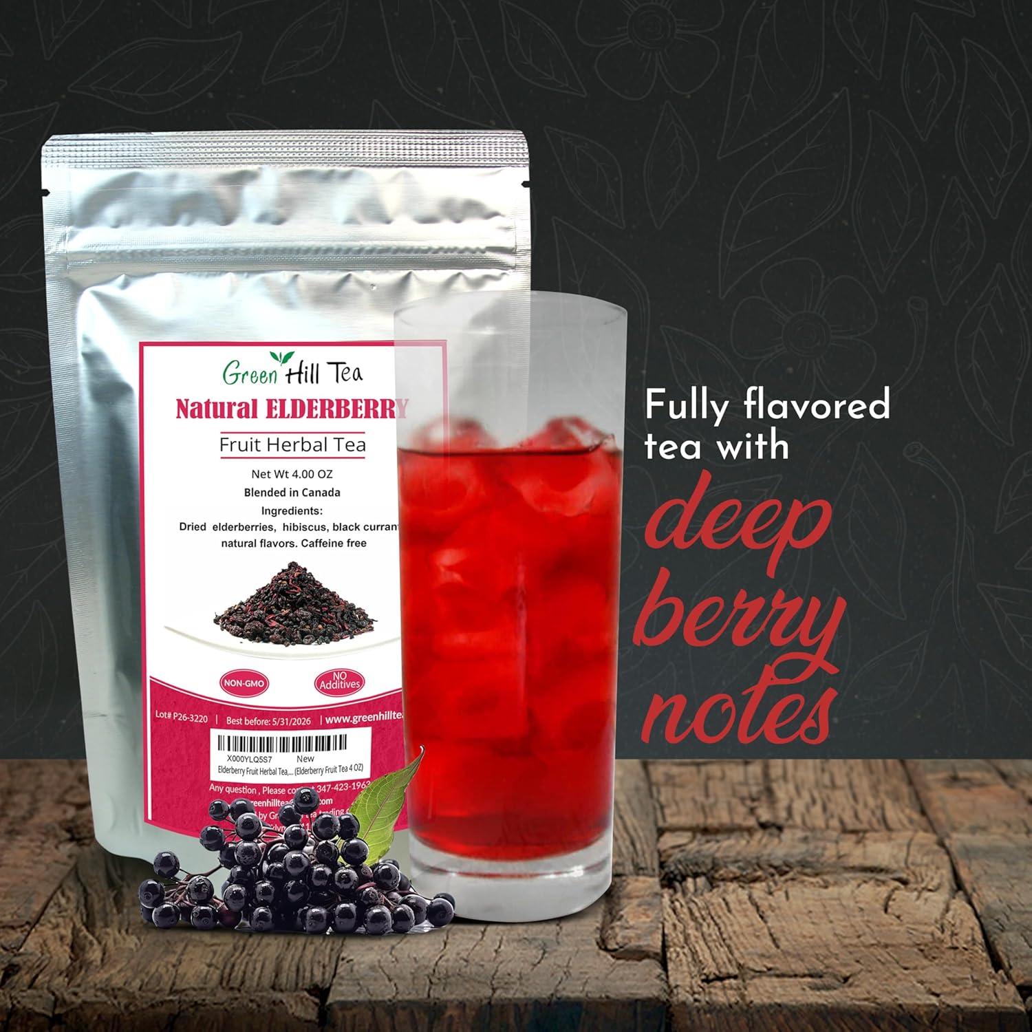 Green Hill Tea Elderberry Herbal Tea: Immune System Boosting Fruit Blend, Caffeine-Free Relaxing Drink - 4 OZ Bag