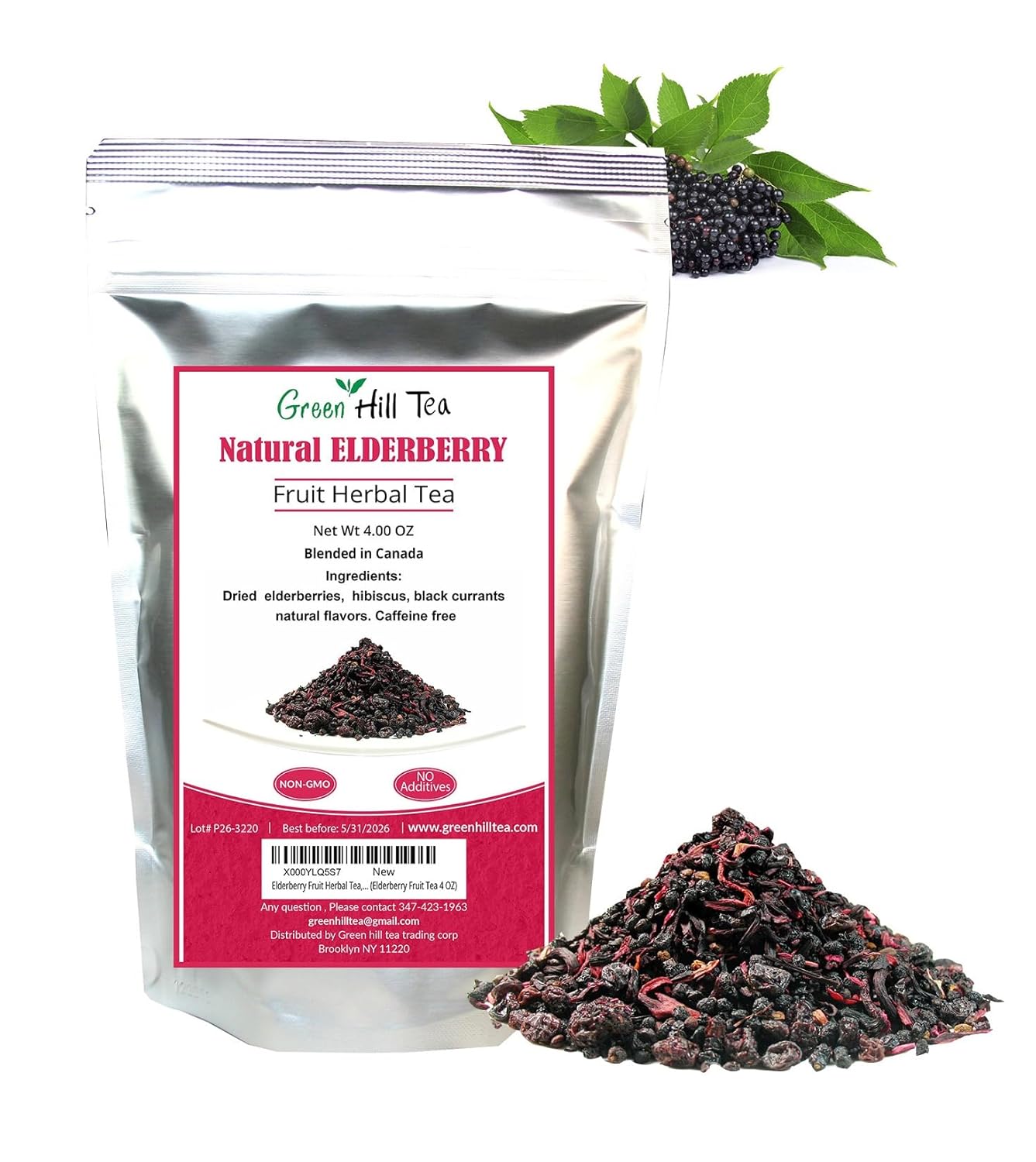 Green Hill Tea Elderberry Herbal Tea: Immune System Boosting Fruit Blend, Caffeine-Free Relaxing Drink - 4 OZ Bag