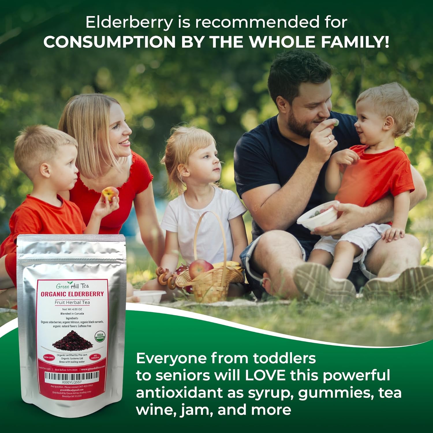 Green Hill Tea Elderberry Herbal Tea: Immune System Boosting Fruit Blend, Caffeine-Free Relaxing Drink - 4 OZ Bag