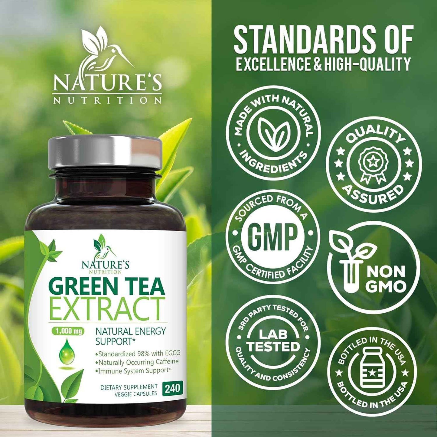 Green Tea Extract Capsules 1000mg 98% Standardized EGCG - 3X Strength for Natural Energy - Heart Support with Polyphenols - Gentle Caffeine - 240 Capsules