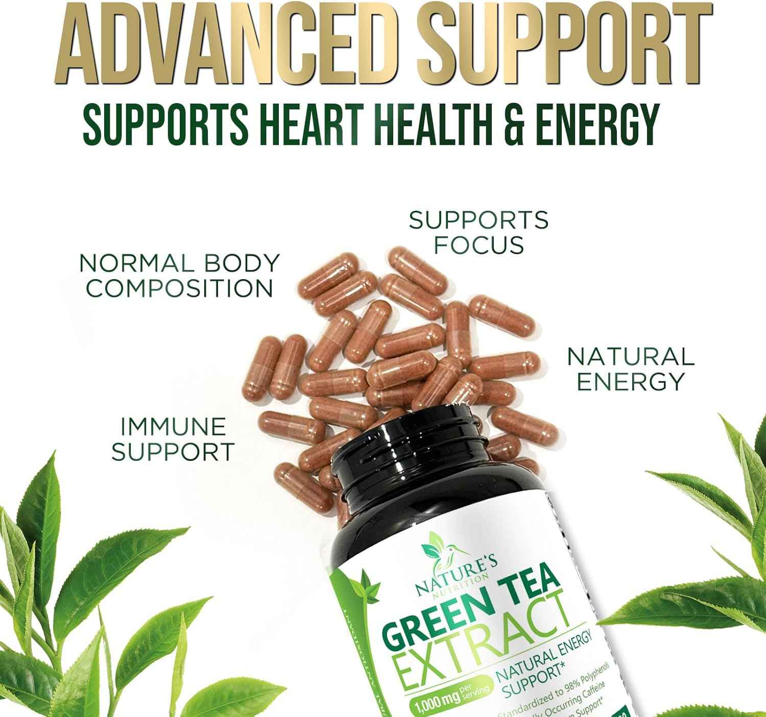 Green Tea Extract Capsules 1000mg 98% Standardized EGCG - 3X Strength for Natural Energy - Heart Support with Polyphenols - Gentle Caffeine - 240 Capsules