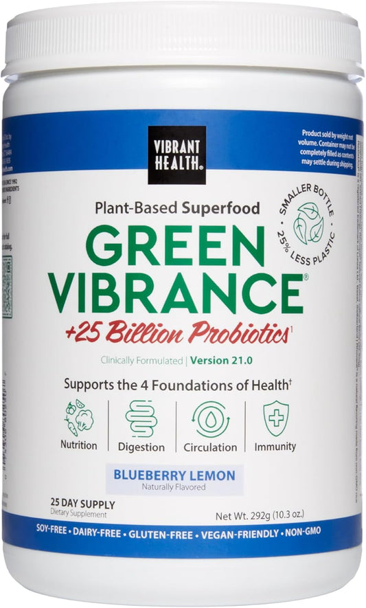 Green Vibrance Superfoods Powder: 70+ Plant-Based Whole Foods, 25 Billion Probiotics, Blueberry Lemon - 25 Servings