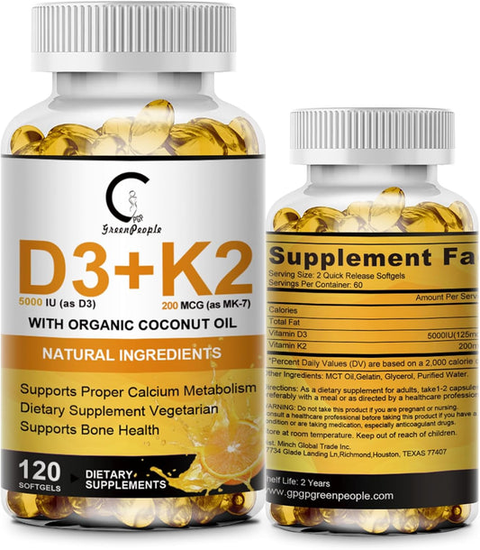 GreenPeople Vitamin D3 K2 Supplement - 5000 IU Vitamin D3, 200 mcg Vitamin K2 MK-7, Coconut Oil - Plant Based Formula for Bone, Teeth, Muscle, Immune Health - 120 Softgels, Apple Flavor