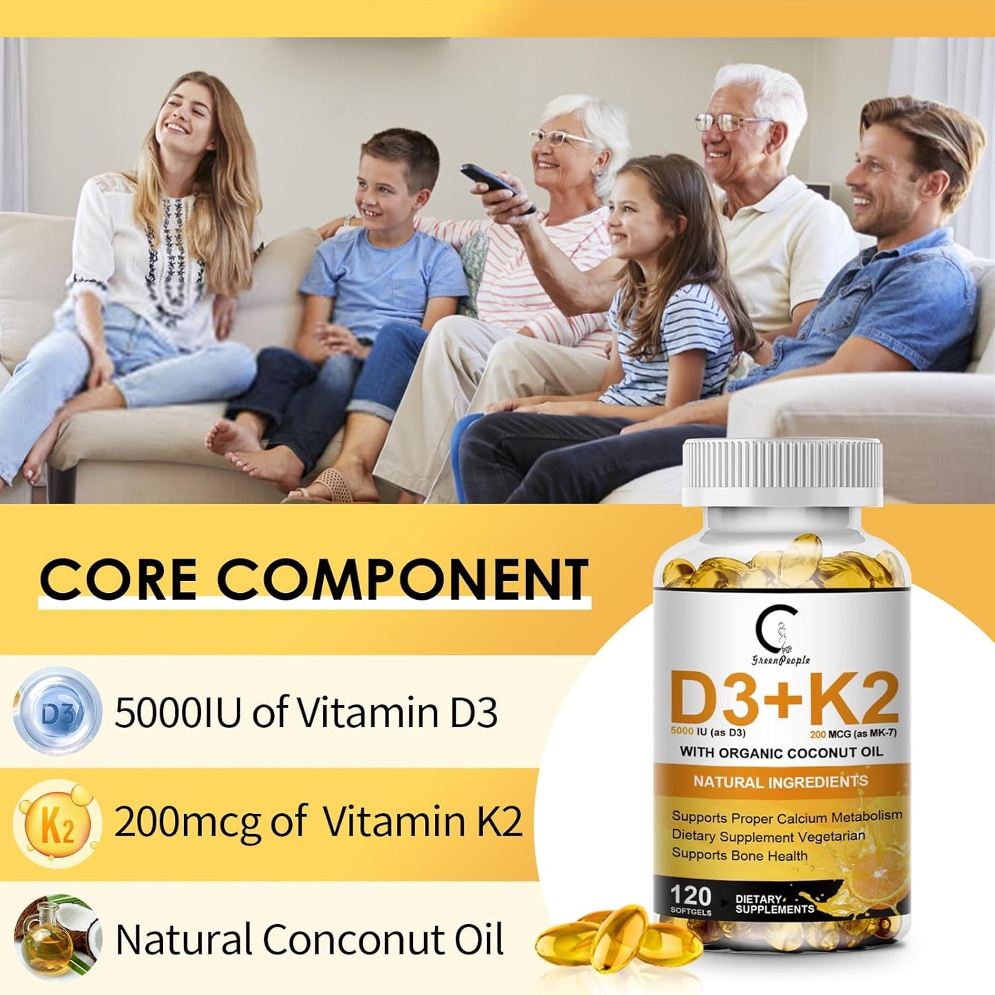 GreenPeople Vitamin D3 K2 Supplement - 5000 IU Vitamin D3, 200 mcg Vitamin K2 MK-7, Coconut Oil - Plant Based Formula for Bone, Teeth, Muscle, Immune Health - 120 Softgels, Apple Flavor