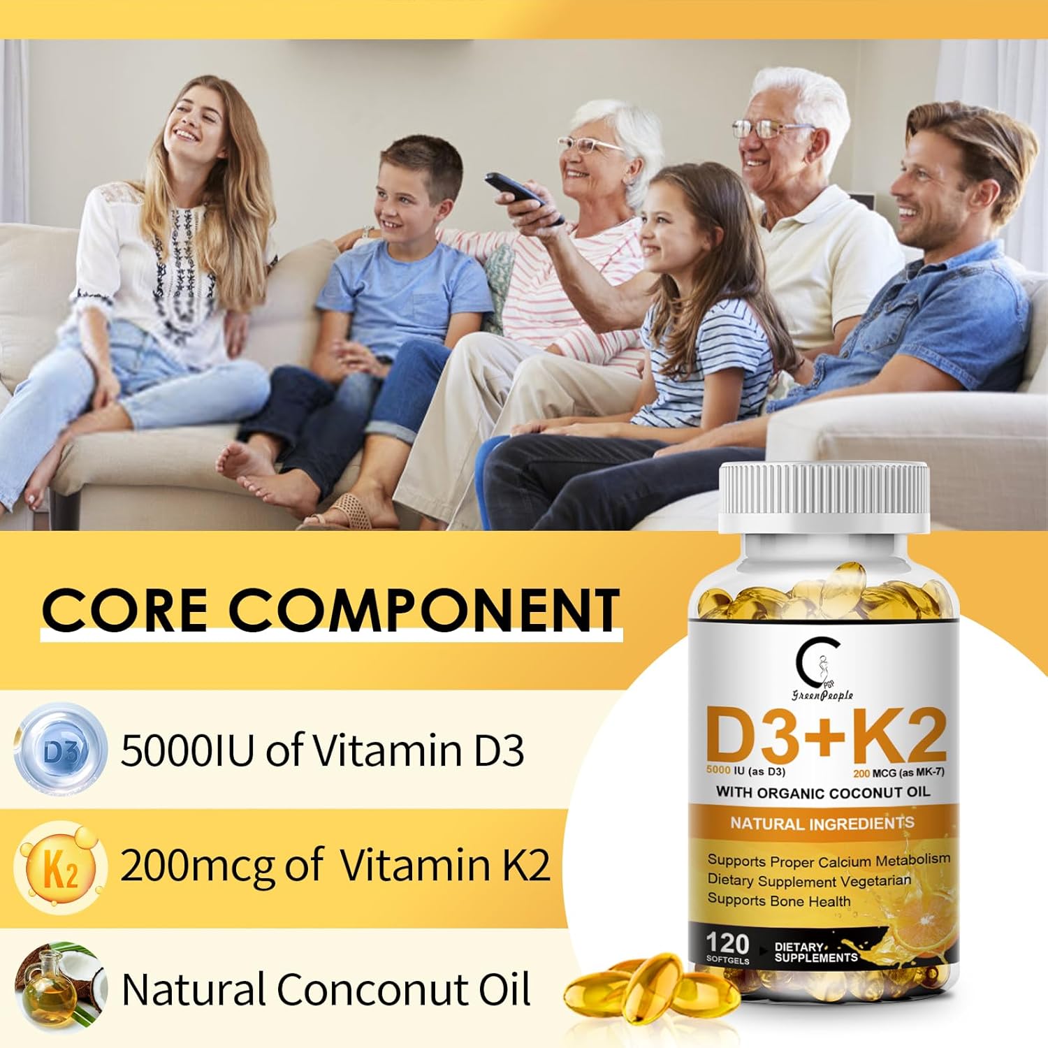 GreenPeople Vitamin D3 K2 Supplement - 5000 IU Vitamin D3, 200 mcg Vitamin K2 MK-7, Coconut Oil - Plant Based Formula for Bone, Teeth, Muscle, Immune Health - 120 Softgels, Apple Flavor