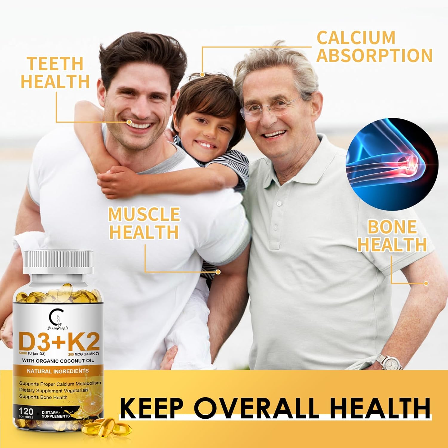GreenPeople Vitamin D3 K2 Supplement - 5000 IU Vitamin D3, 200 mcg Vitamin K2 MK-7, Coconut Oil - Plant Based Formula for Bone, Teeth, Muscle, Immune Health - 120 Softgels, Apple Flavor