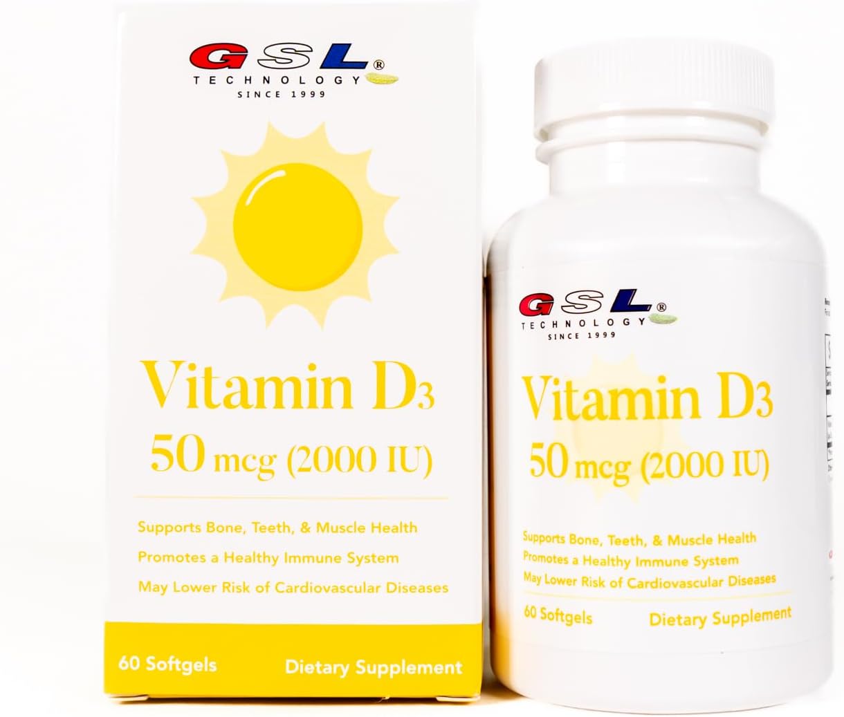 GSL Technology Vitamin D3 Supplement 2000 IU Softgels for Bone Health - 60 Count - Made in USA