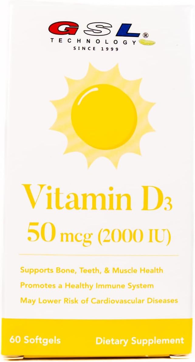 GSL Technology Vitamin D3 Supplement 2000 IU Softgels for Bone Health - 60 Count - Made in USA