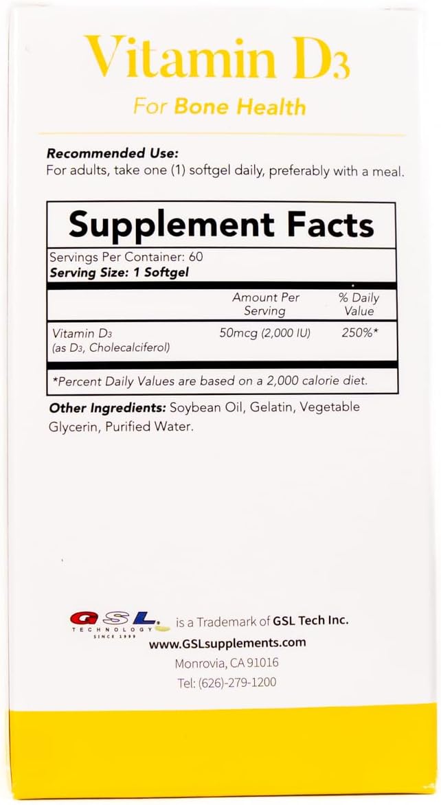 GSL Technology Vitamin D3 Supplement 2000 IU Softgels for Bone Health - 60 Count - Made in USA