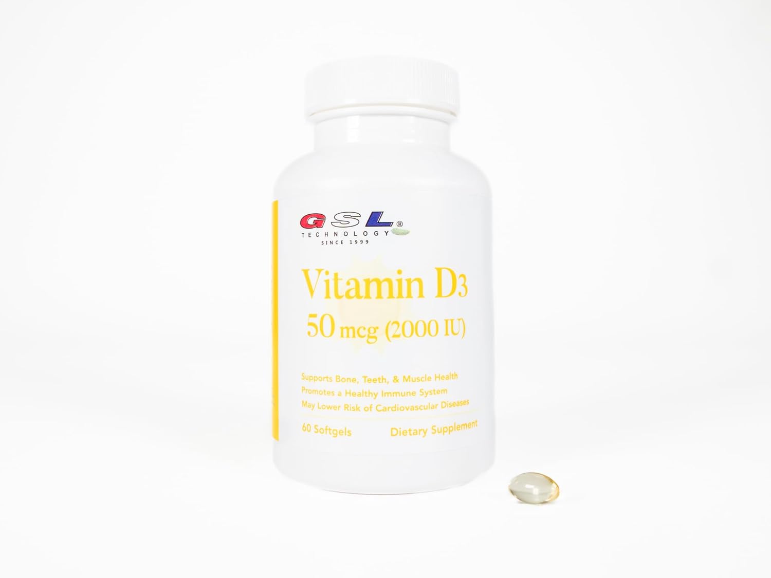 GSL Technology Vitamin D3 Supplement 2000 IU Softgels for Bone Health - 60 Count - Made in USA