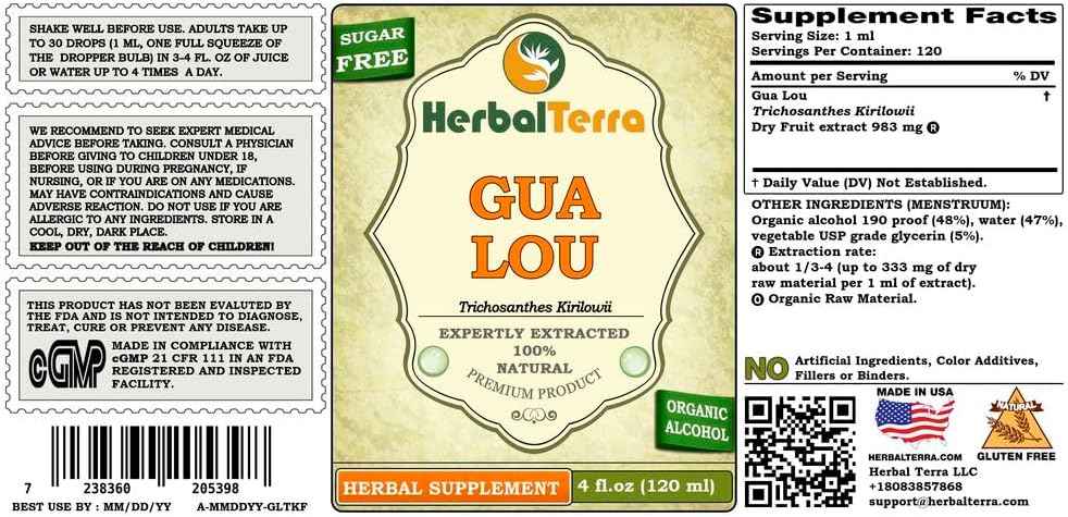 Gua Lou, Trichosanthes (Trichosanthes Kirilowii) Tincture, Dried Fruit Liquid Extract (Brand Name: HerbalTerra, Proudly Made in USA) 2x4 fl.oz (2x120 ml)